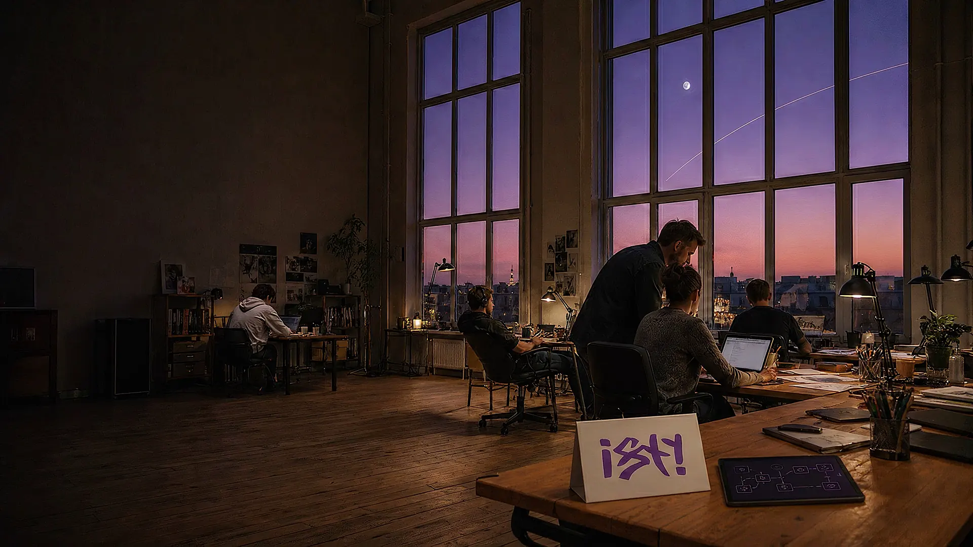 Isty workspace at blue hour: people at laptops, tall windows, a violet sky with the moon and a satellite trail