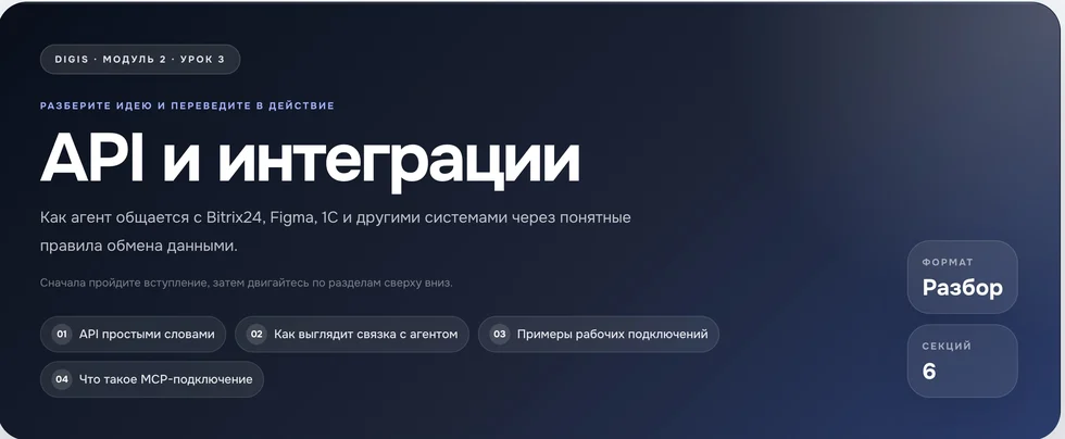 AIstudy: a lesson card called API and integrations with sections